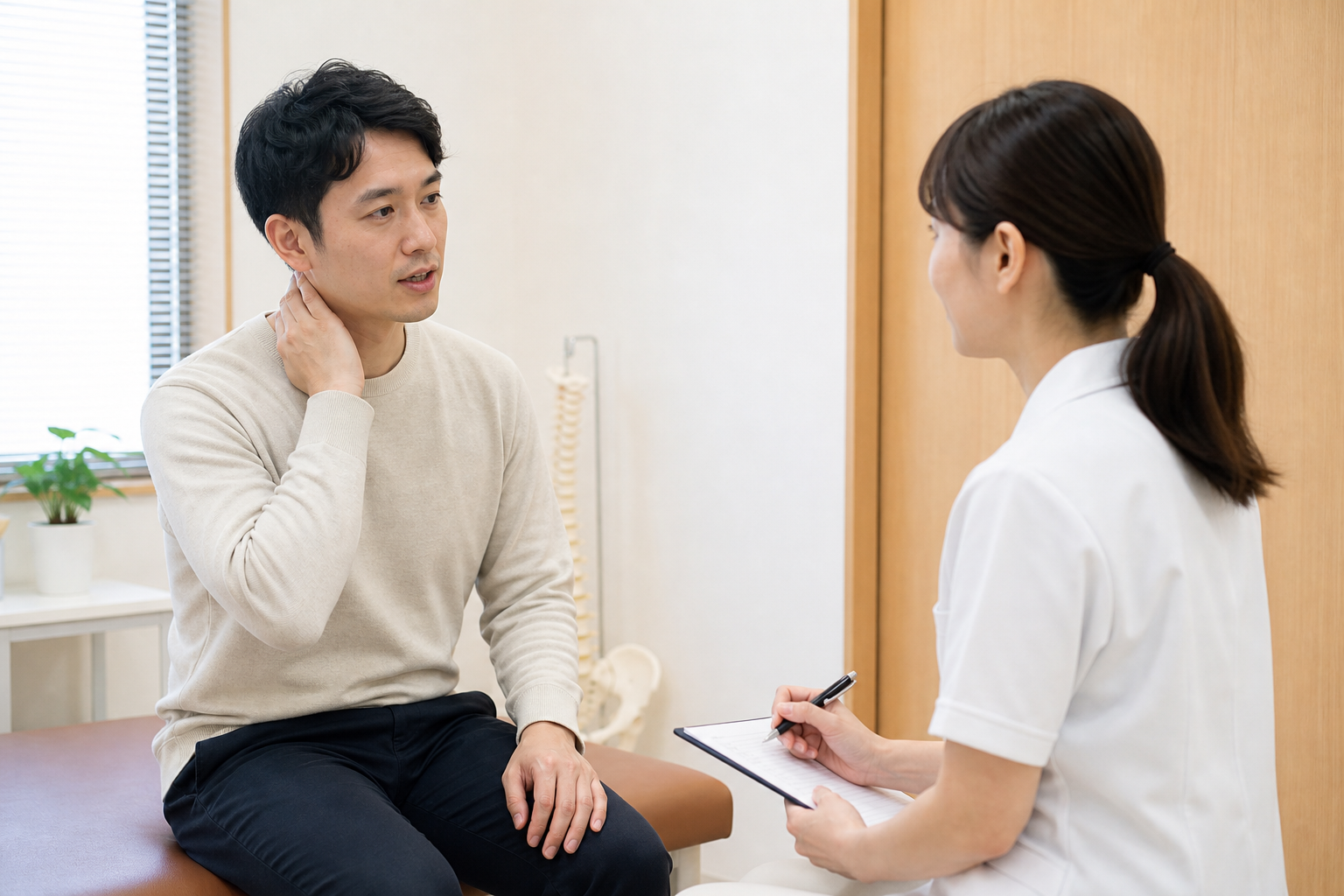 福山市で交通事故後の首の違和感を相談する様子