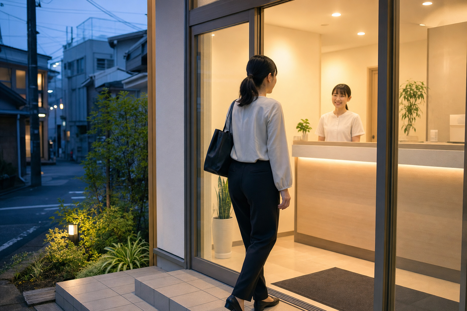 仕事帰りに通いやすい接骨院を訪れる様子