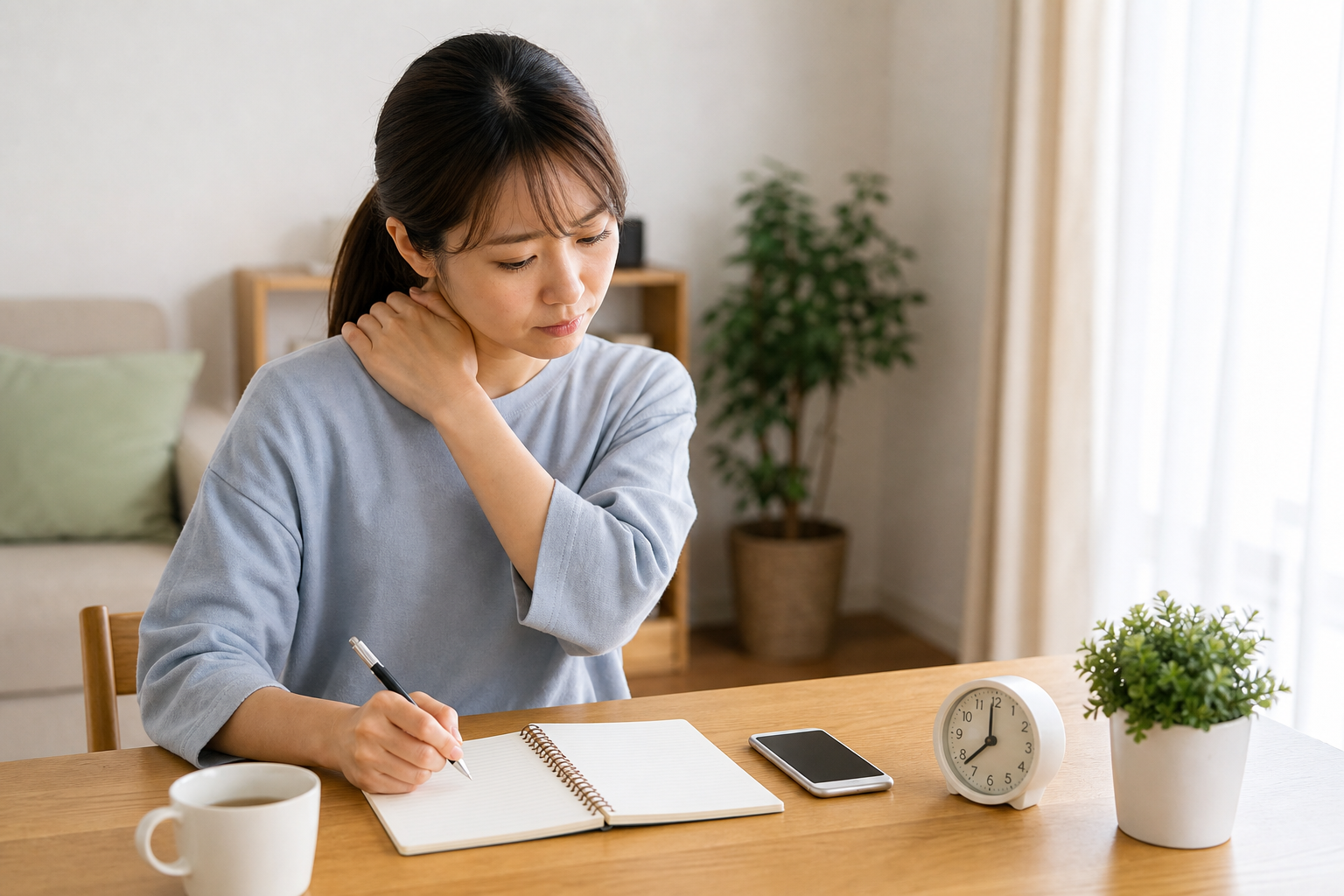 交通事故の翌日に首と肩の変化を記録する様子
