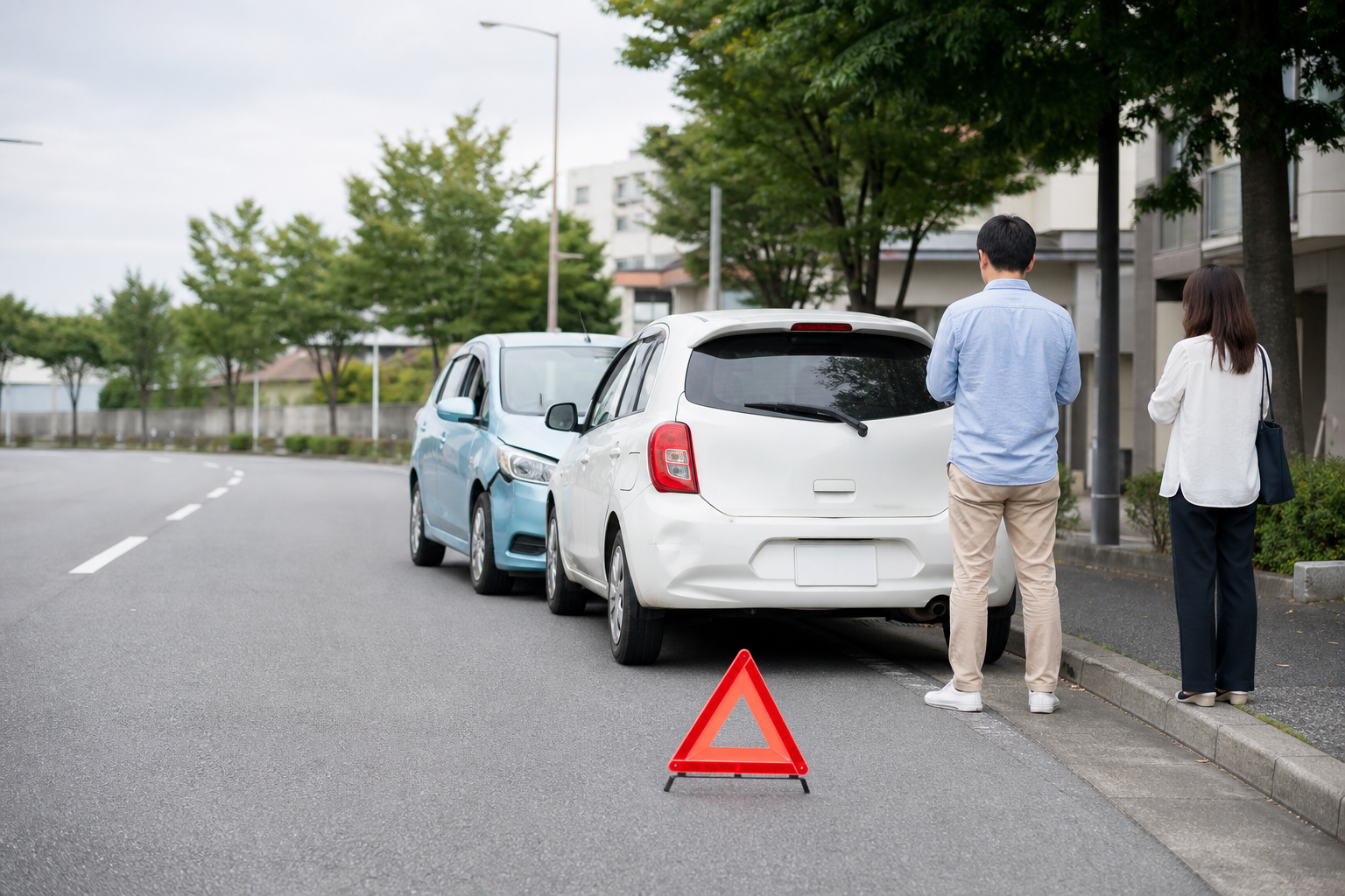 交通事故直後に安全な場所へ停車した車と停止表示器材