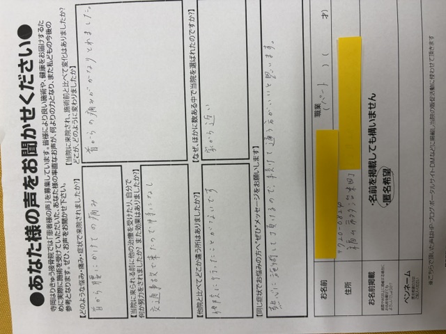 交通事故後の首から腰の痛みについて寄せられた患者様アンケート